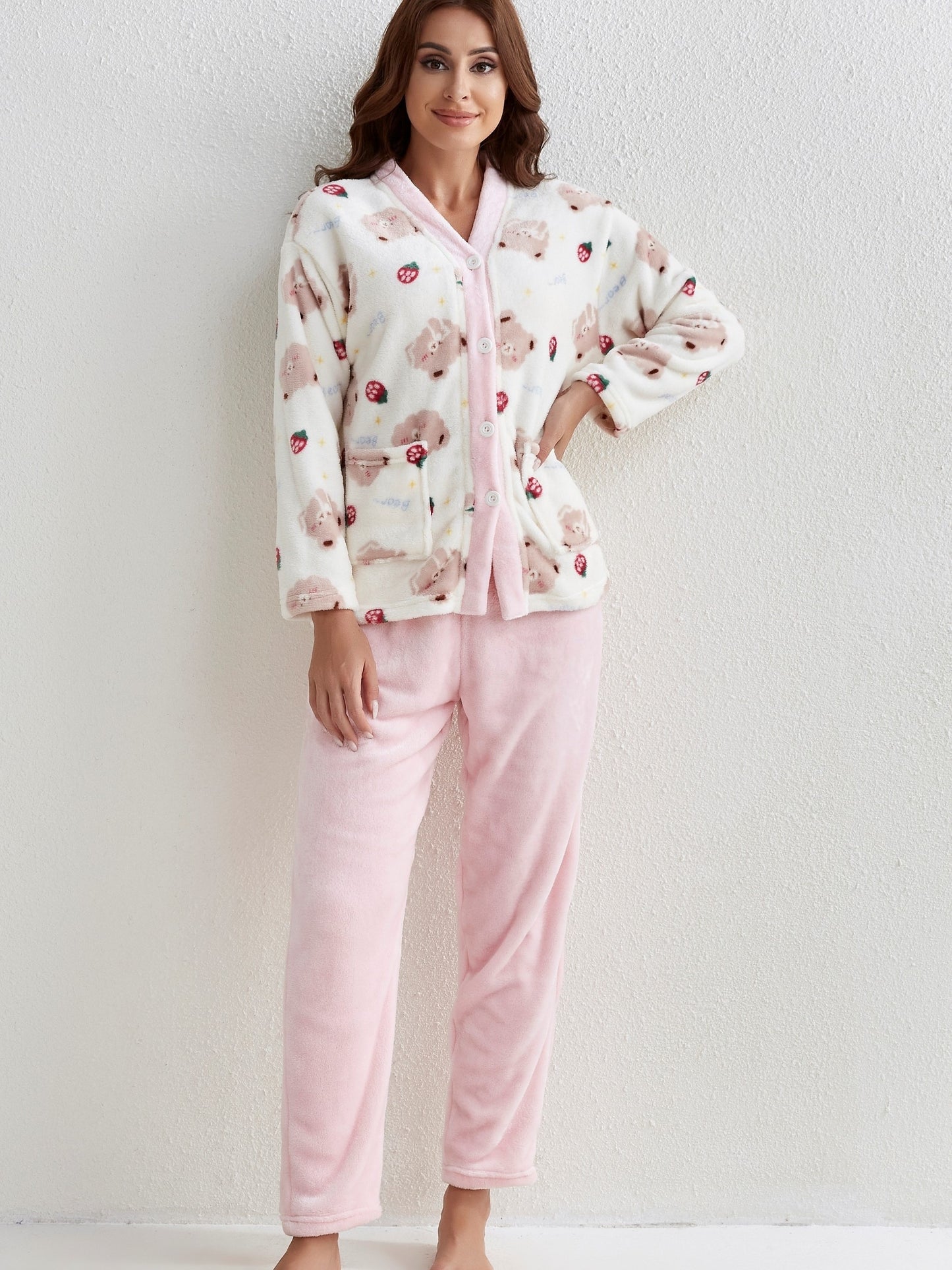 Cartoon Bear Print Pajamas Suit，Cute Long Sleeve Button Top and Elastic Waistband Pants，Women's Pajamas and Homewear