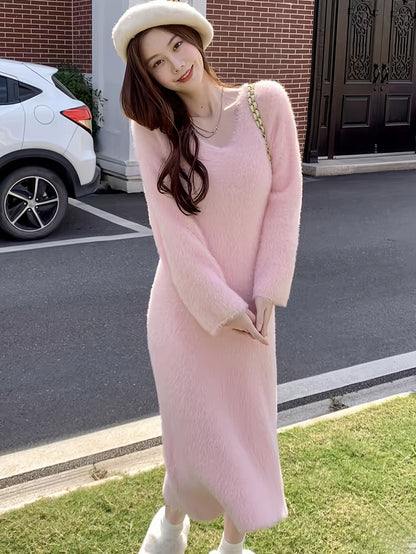 Women's Bohemian Style V Collar Solid Color Polyester Robe - Soft and Warm Autumn and Winter Fake Mink Knitted Sweater，Loose plus Size，Universal Inner Layer，Nifty Pink Nightgown Pajamas