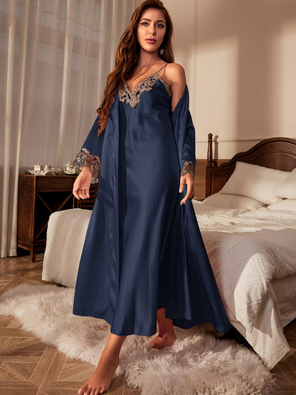 Contrast Color Lace Satin Pajamas Suit，Long Sleeve Robe with Belt and V Collar Strap Dress，Women's Pajamas and Homewear