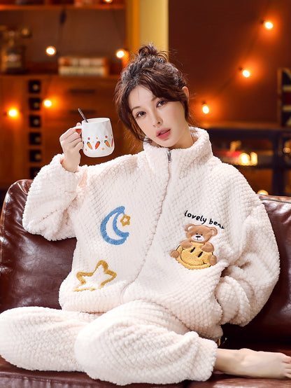 Lady Cute Bear&Moon and XINGX Pattern Wool Extra Thick Casual Suit，Long Sleeve Zipper Mock Neck Pocket Top and Pants，Comfortable and Loose Suitable for Autumn and Winter