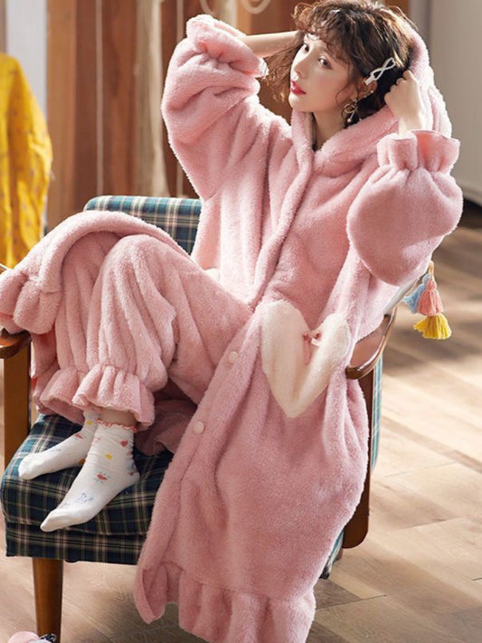 Cute Solid Color Coral Fleece Hood Bathrobe，with Pocket，Polyester Fiber，round Neck，Long Sleeve，Warm Fluff Lining，Suitable for Women，Autumn and Winter Night Dress - Suitable for Thanksgiving、Christmas、Ideal Gift for Valentine's Day and Mother's Day