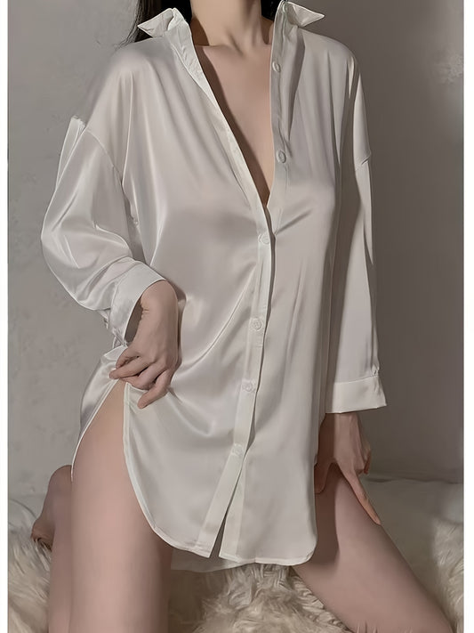 White Sexy Pajamas，Nightgown，Shirt，Cut Men's Style Long Shirt，Loose Fit New Homewear，Charming Shirt Style