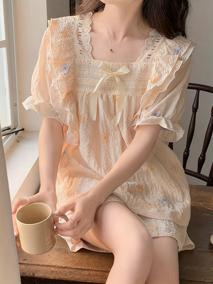 Women's XINGX Printed Cute Texture Contrast Lace Ruffled Pajamas Suit，Puff Sleeve Square Collar Top and Shorts，Comfortable Loose Design