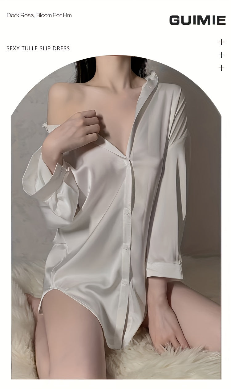 White Sexy Pajamas，Nightgown，Shirt，Cut Men's Style Long Shirt，Loose Fit New Homewear，Charming Shirt Style