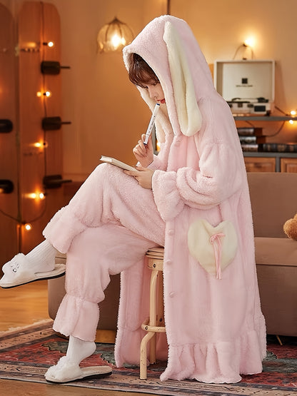 Elegant Women's Coral Fleece Hoodie Pajamas，Cute Cartoon Animal Pattern，Thick and Comfortable Polyester Pajamas，with Pocket，Suitable for Keeping Warm in Autumn and Winter，Novel Home Casual Wear