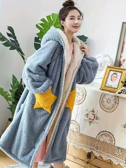 Cute Hooded Long Sleeve Button Detail Sweater Pajamas，Polyester and Elastic Fiber Knitted Fabric，Solid Color，Comfortable，Suitable for Teenagers，Autumn and Winter Season，Home Bathrobe