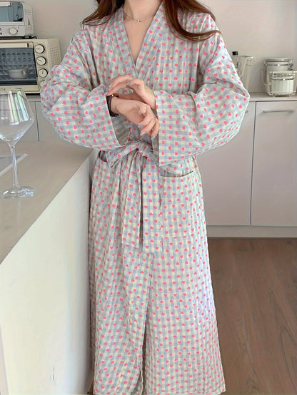 Women's Comfortable Heart-Shaped Plaid Long Sleeve Kimono Robe - Soft Polyester Fiber，V Tie Belt，Perfect Choice for Autumn and Winter