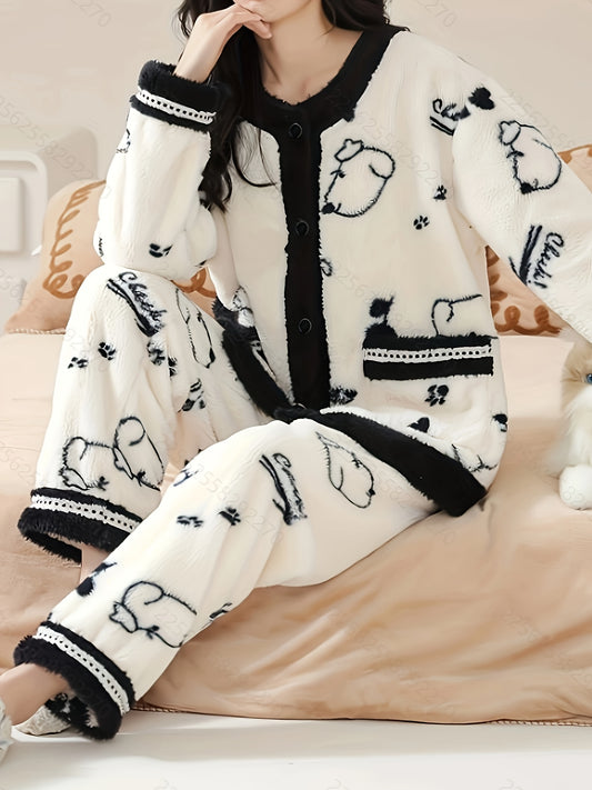 Women's Cute Bear Printed Thickening Fleece Casual Suit，Long Sleeve Button V Collar Top and Pants，Autumn and Winter Comfortable Loose Style