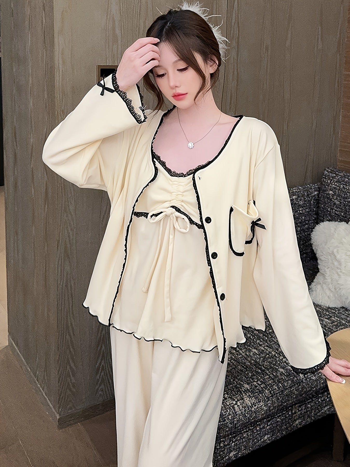 Autumn Winter Thermal Velvet Thick Long-Sleeved Trousers Suspenders Three-Piece Solid Color Lace High-End Home Wear Suit