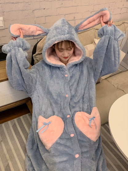 Women's Cute Rabbit Plush Thick Ruffled Pajamas Suit，Ruffled Sleeves Button Hooded Robe and Pants，Comfortable Loose Design，Suitable for Autumn and Winter