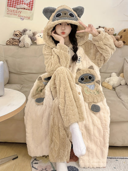 Women's Pajamas Flannel Suit Two-Piece Robe Mid-Length Autumn and Winter Thickening Thermal Long Sleeve Hooded Cartoon Little Fox Cat