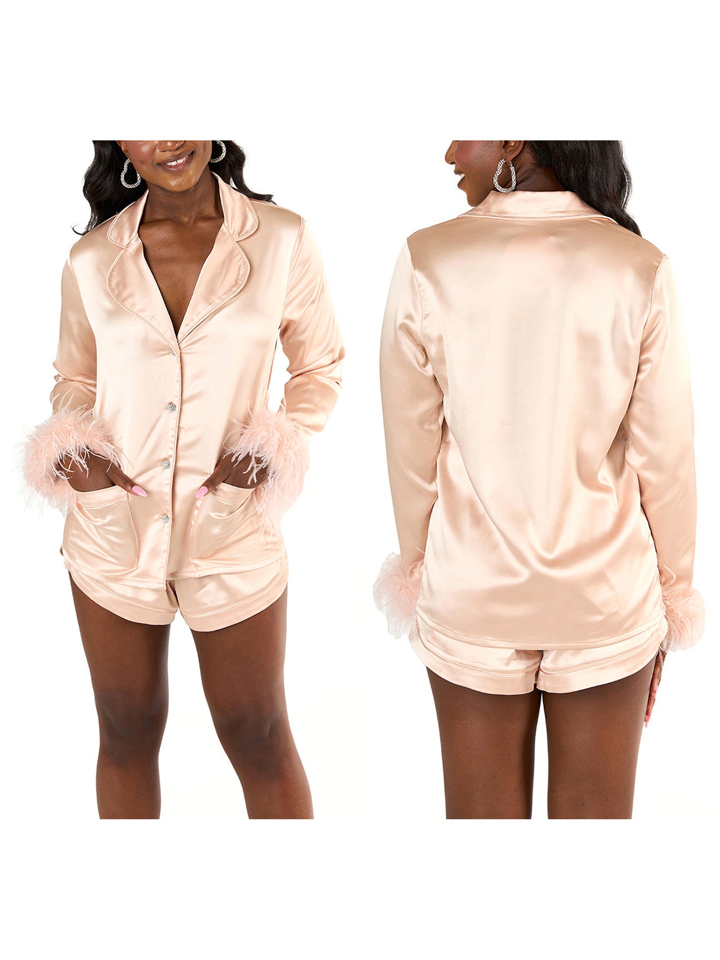 Women's Satin Clothing Solid Color Lapel Long Sleeve Top with Feather Cuffs + Shorts Suit Fashion Clothing