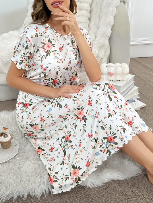 Women's Floral Print Short Sleeve Long Night Pajamas，Casual round Neck Knitted Polyester Fabric，Four Seasons Comfortable，95%Polyester5%Elasticity，150g/m² - Perfect for Adults