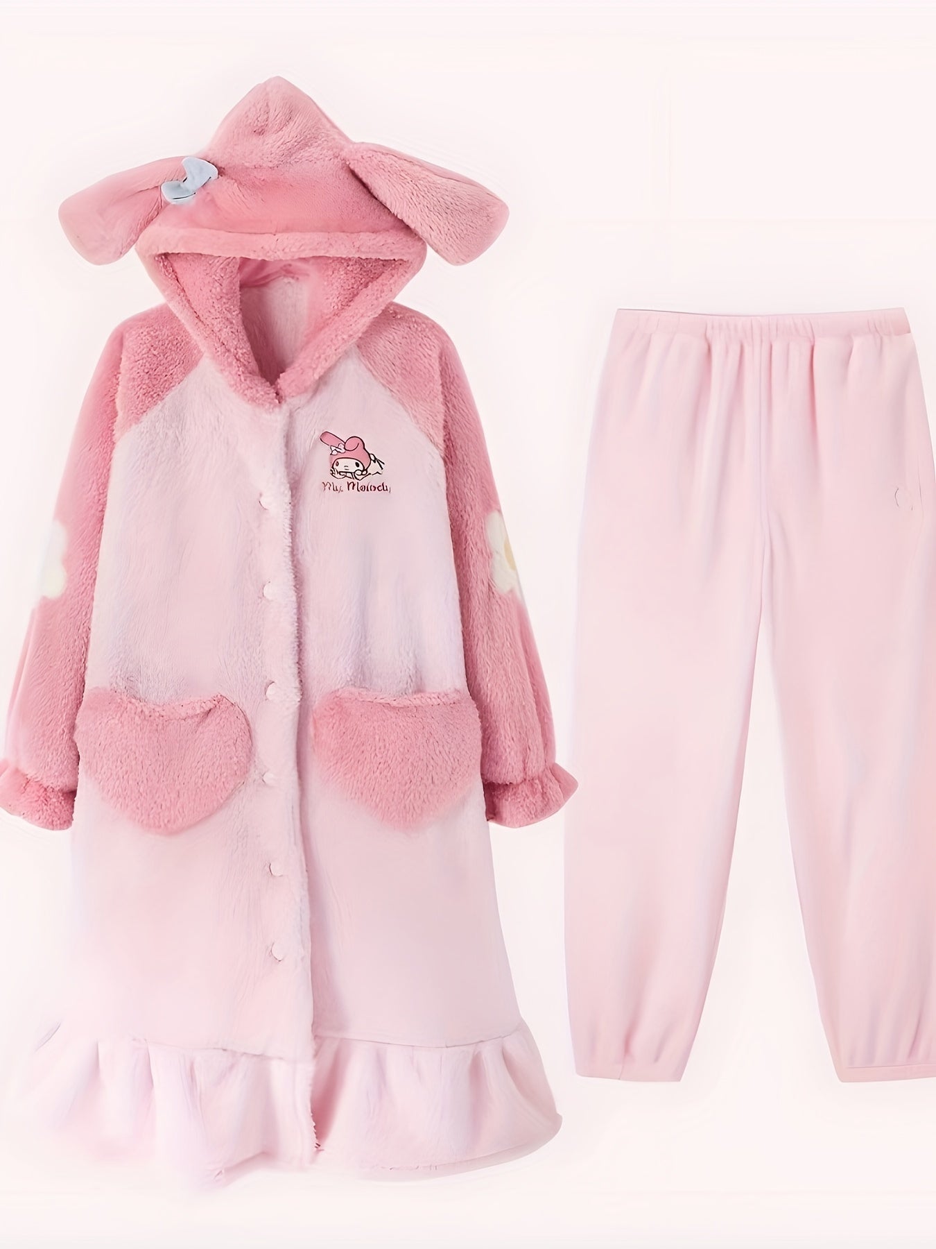 1Genuine Sanrio Melody Ladies' Robe Cute Bathrobe Hooded Plush Pajamas with Kawaii Pattern and Pants Suit Coral Fleece Warm Nightgown Thick Soft Plush Comfortable Shower Bathrobe