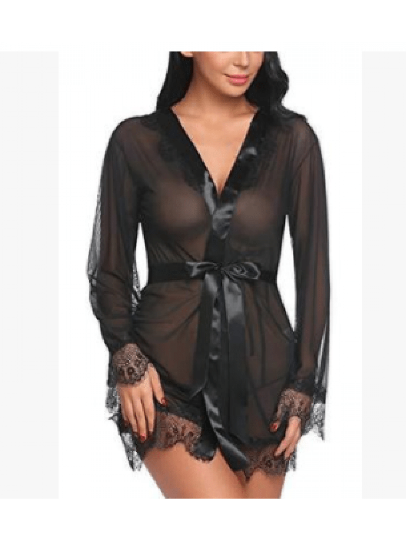 Fashion Women's Satin Lace Nightdress - V Collar，Slim Strap Belt Details，Translucent Pajamas