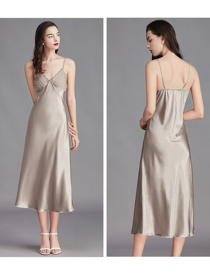 Women Satin Pajamas Sexy Sleepwear Slim Shoulder Strap Stacked Neck Elegant Long Satin Sling Mid-Length Dress