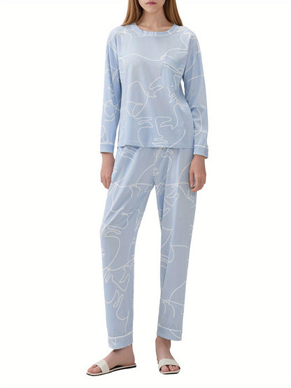 Women's Casual round Neck Long Sleeve Pajamas Suit，Polyester Knitted Fabric，Four Seasons Comfortable Homewear，with Pocket，Printed Pattern Design