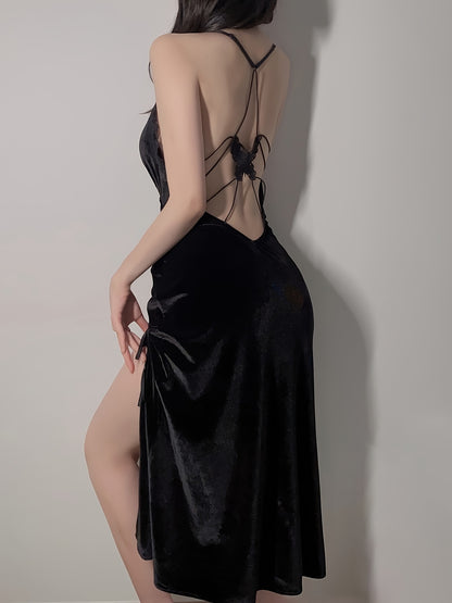 A Set of Fashionable Velvet Slip Nightdress and Sexy Mesh Outerwear Gown，Night Skirt Suit with Pleated Slit