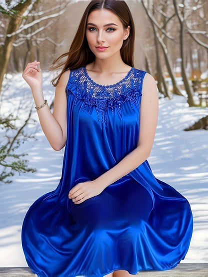 Women's Spring/Summer Ice Silk Home Wear Nightdress Dress Home Wear Lace Stitching Nightdress Comfortable Dress Nightdress