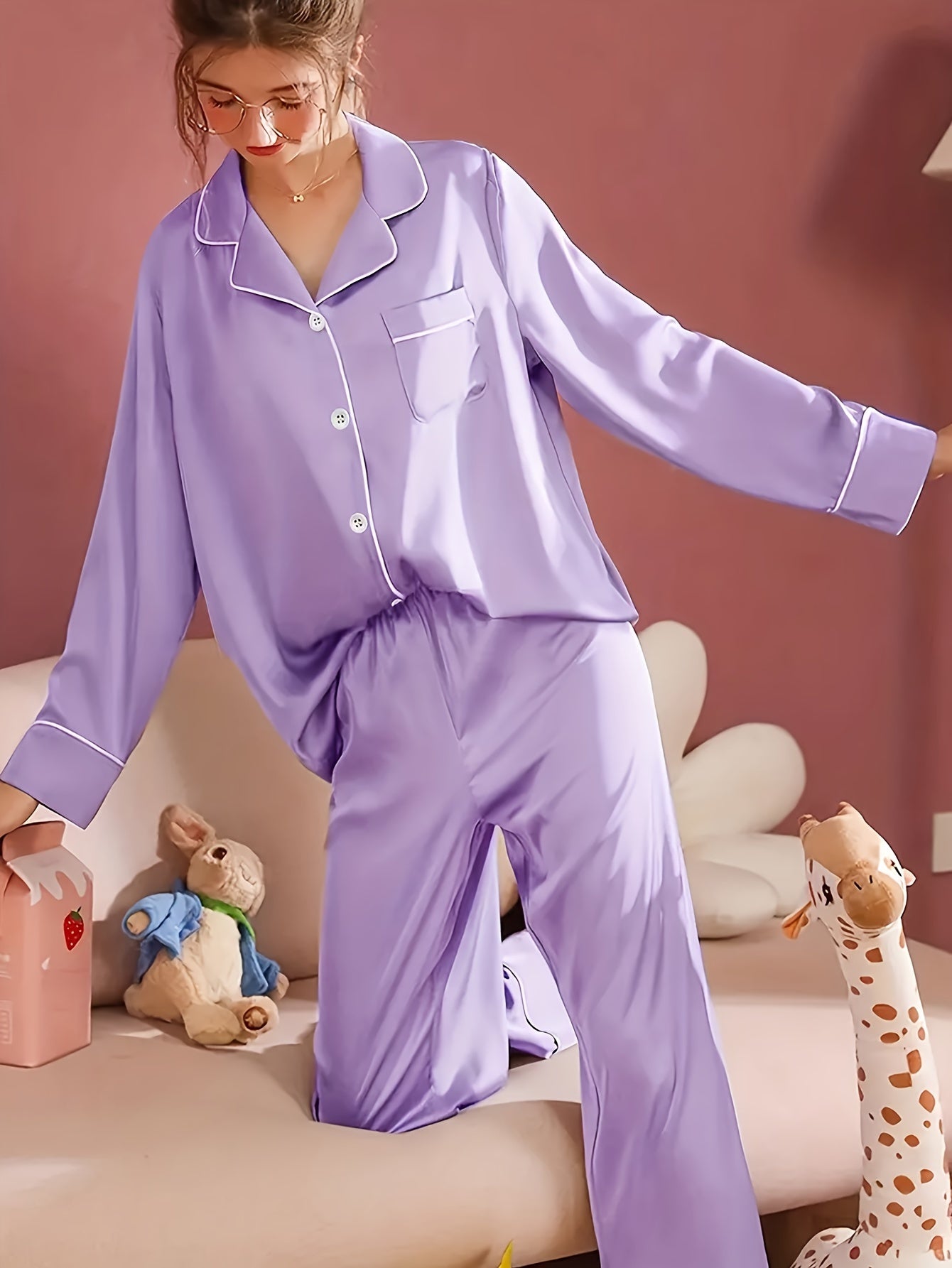 1 Cardigan、Pajamas、Women's Simple Pure Color Comfort Homewear，Button Long Sleeve Pants，Ice silk suit