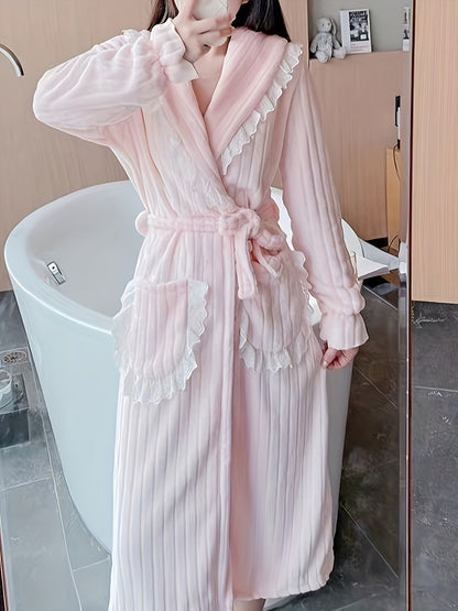 Women's Elegant Winter Coral Fleece Long Thick Flannel Bathrobe - with Lace Edge，V Collar，Waist Girdle，Machine Washable