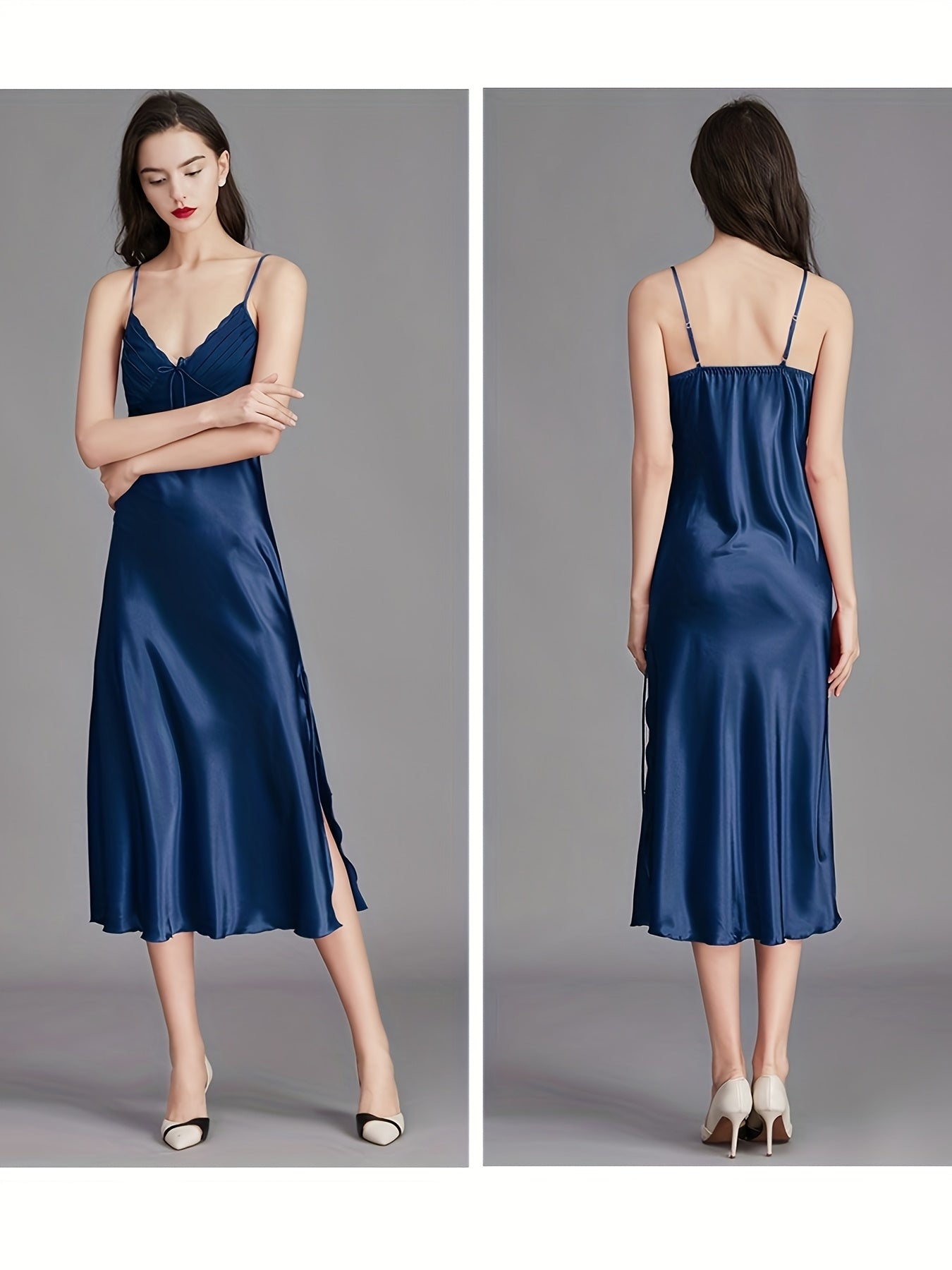 Women Satin Pajamas Sexy Sleepwear Slim Shoulder Strap Stacked Neck Elegant Long Satin Sling Mid-Length Dress