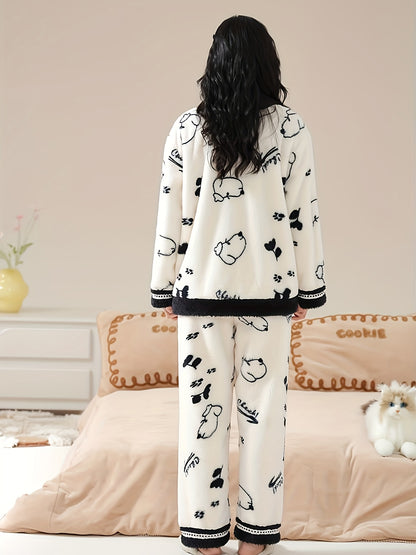 Women's Cute Bear Printed Thickening Fleece Casual Suit，Long Sleeve Button V Collar Top and Pants，Autumn and Winter Comfortable Loose Style