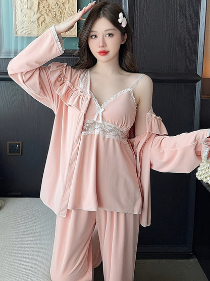 Autumn and Winter Thickening Velvet Long-Sleeved Trousers Lace-up Women's Pajamas Three-Piece Suit Pure Desire Style Sexy Lace Homewear