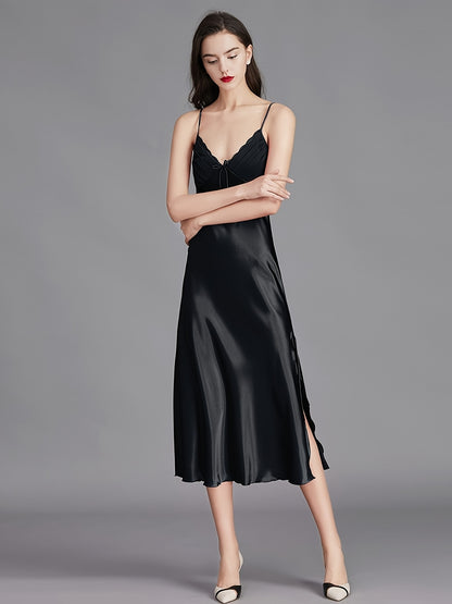 Women Satin Pajamas Sexy Sleepwear Slim Shoulder Strap Stacked Neck Elegant Long Satin Sling Mid-Length Dress