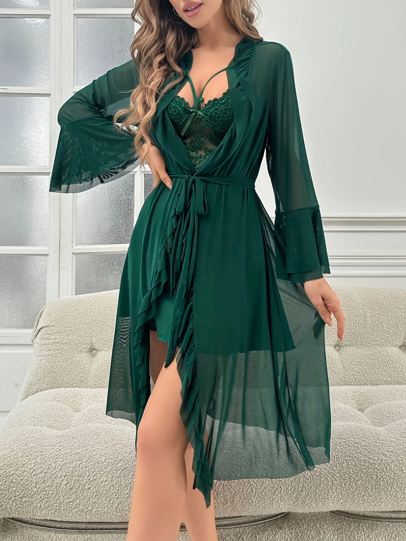 Lady Sexy Solid Color Mesh Stitching Lace Pajamas Three-Piece Set，Bell Sleeve Robe and Deep V Collar Tight Dress，Comfort and Casual Style