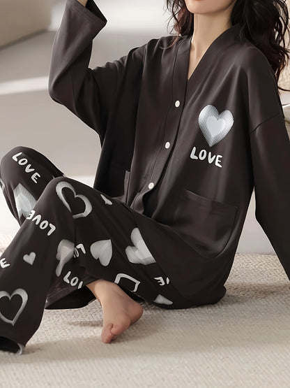 Women's Casual Pajamas Suit，Long Sleeve V Collar Cartoon，With Heart Shape and Heart Printing，Polyester Knitted Fabric，Four Seasons Leisure Clothing，Including Trousers，Comfortable Pajamas Suit