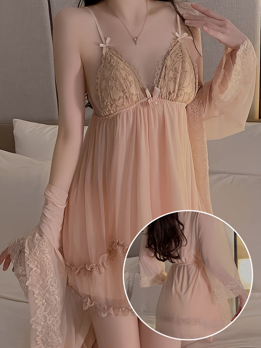 A Set of Women's Charming Mesh Stitching Pajamas，Long Sleeve Bathrobe with Belt and Lace，Hollow Vest，Shorts，Underwear - P3772