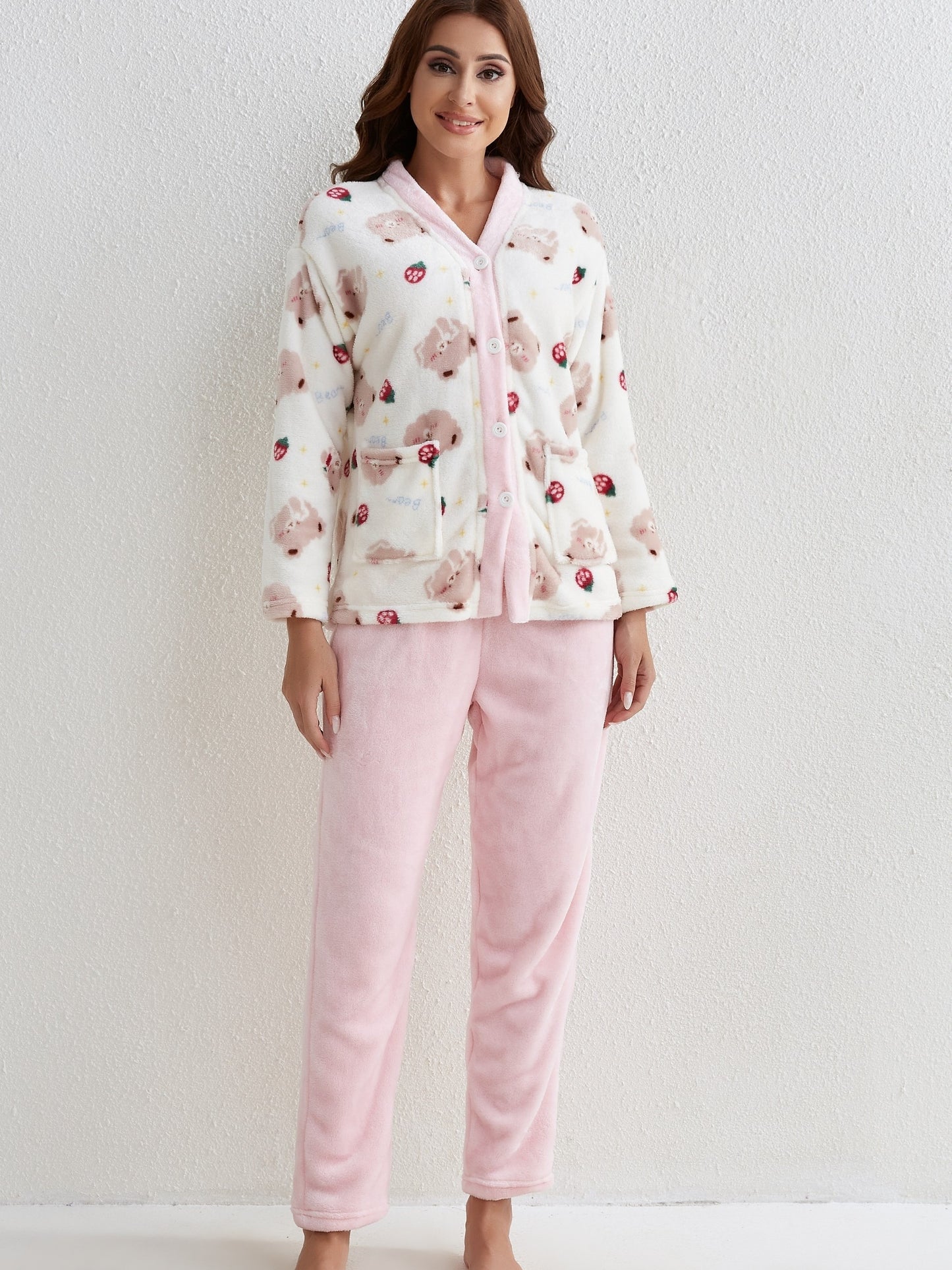 Cartoon Bear Print Pajamas Suit，Cute Long Sleeve Button Top and Elastic Waistband Pants，Women's Pajamas and Homewear