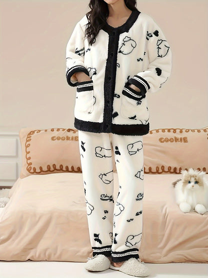 Cozy Cartoon Printed Women's Pajama Suit - Thick Fleece Lining V Collar Cardigan and Trousers，Machine Washable，Autumn and Winter Warm