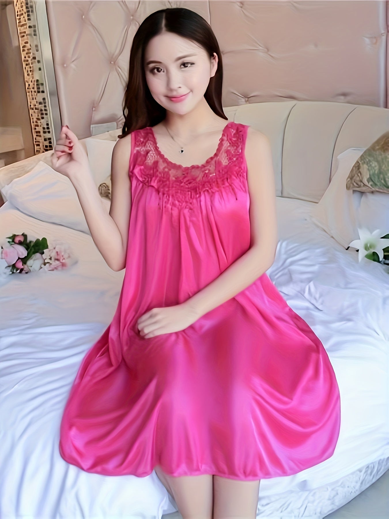 Women's Spring/Summer Ice Silk Home Wear Nightdress Dress Home Wear Lace Stitching Nightdress Comfortable Dress Nightdress