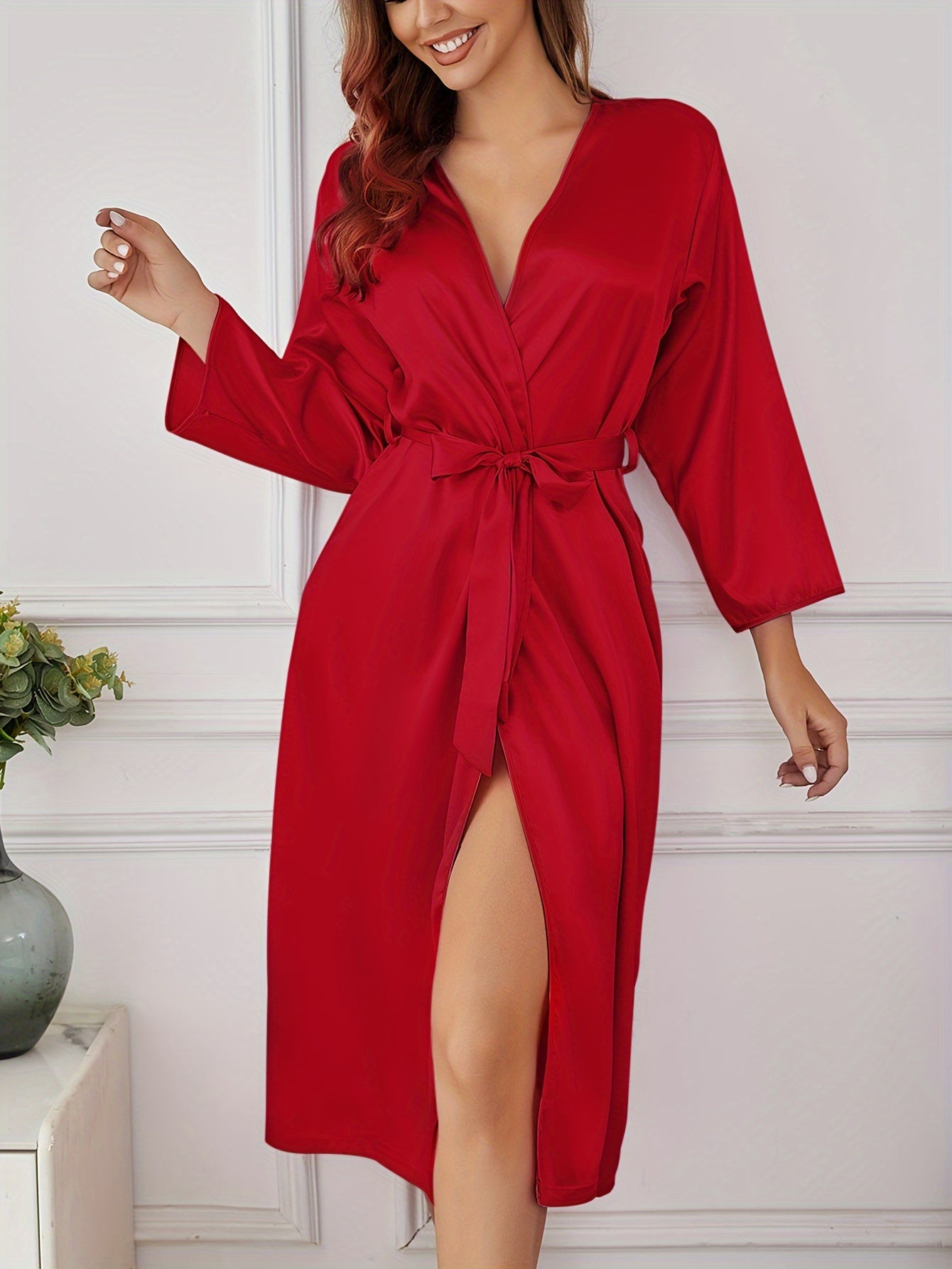 1Elegant Women's Spring and Summer Soft Silky Silk Pajamas Solid Color Sexy Loose Autumn and Winter Long Sleeve Nightgown Cool Breathable Home Clothing Suitable for Home Use