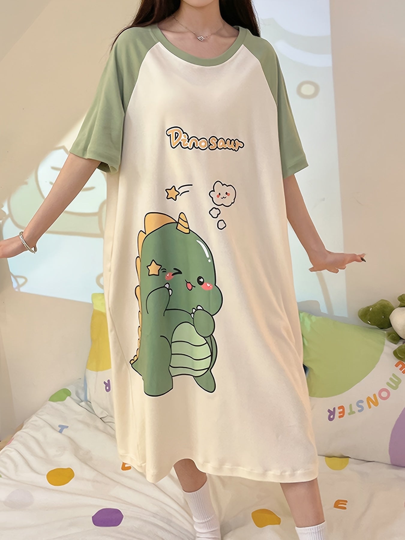 Women's Cute Dinosaur Print Pajamas Dress，Raglan Sleeve round Neck Loose Dress，Comfortable Pajamas