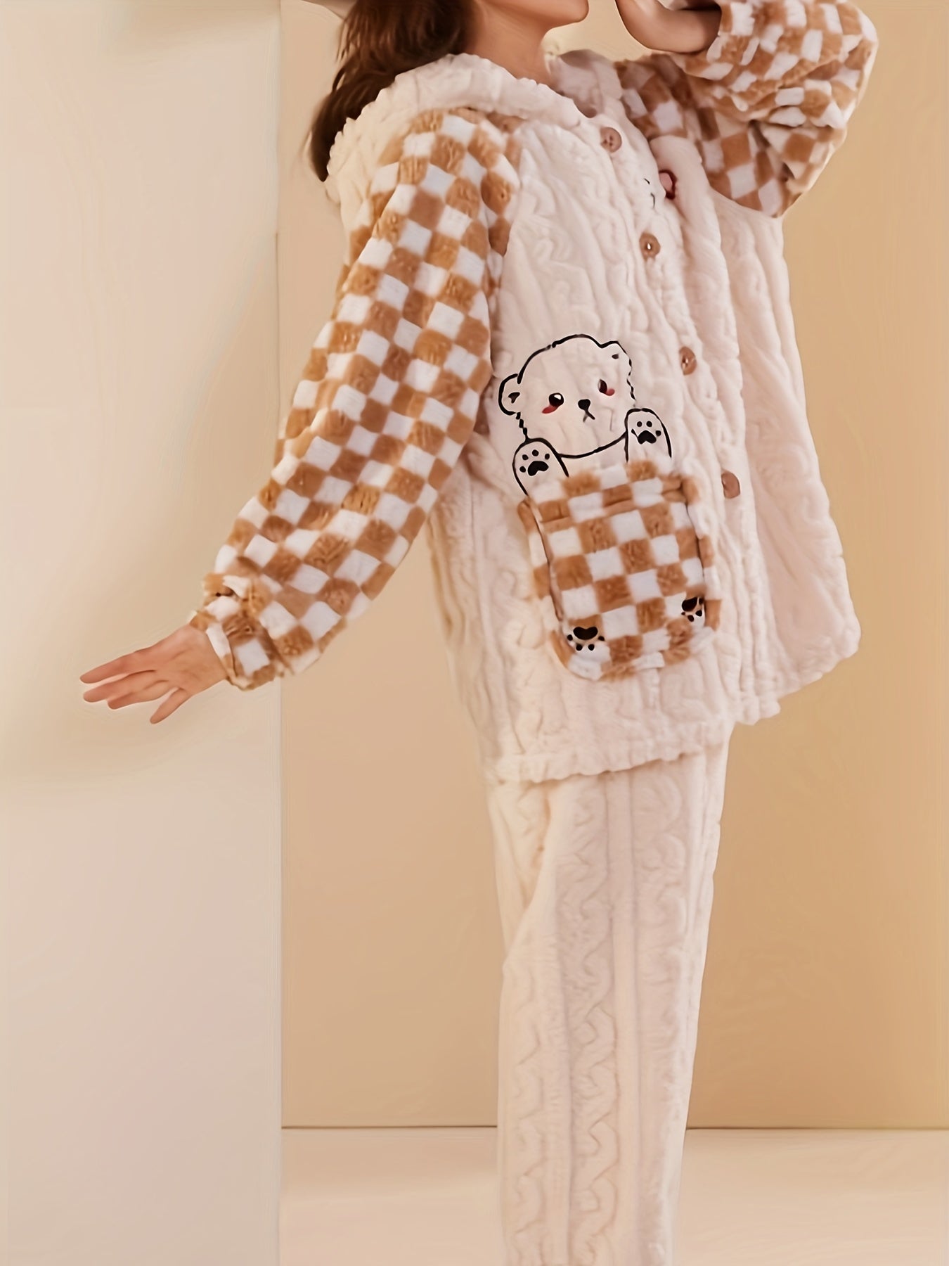 Women's Comfortable Pajamas Suit，Long Sleeve，Trousers，With Hat Open Front Cardigan，Coral Fleece，Cartoon Bear Print，Thermal pajamas，Polyester，Casual Style，Suitable for All Seasons。