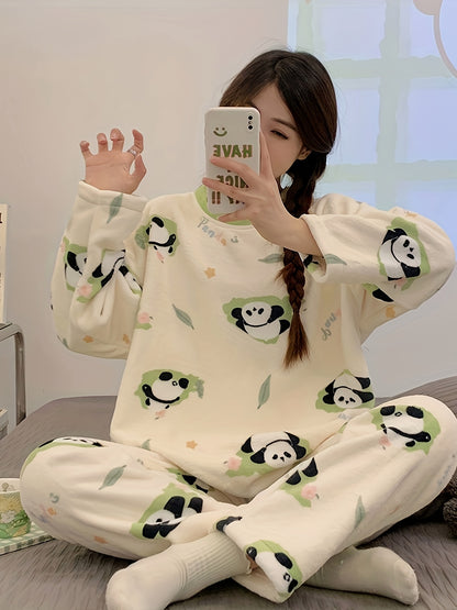 2 Women's Winter Flannel Pajamas Suit - Cute Cartoon Panda Pattern，round Neck，Long Sleeve，Knitted Fabric，Warm and Comfortable Homewear