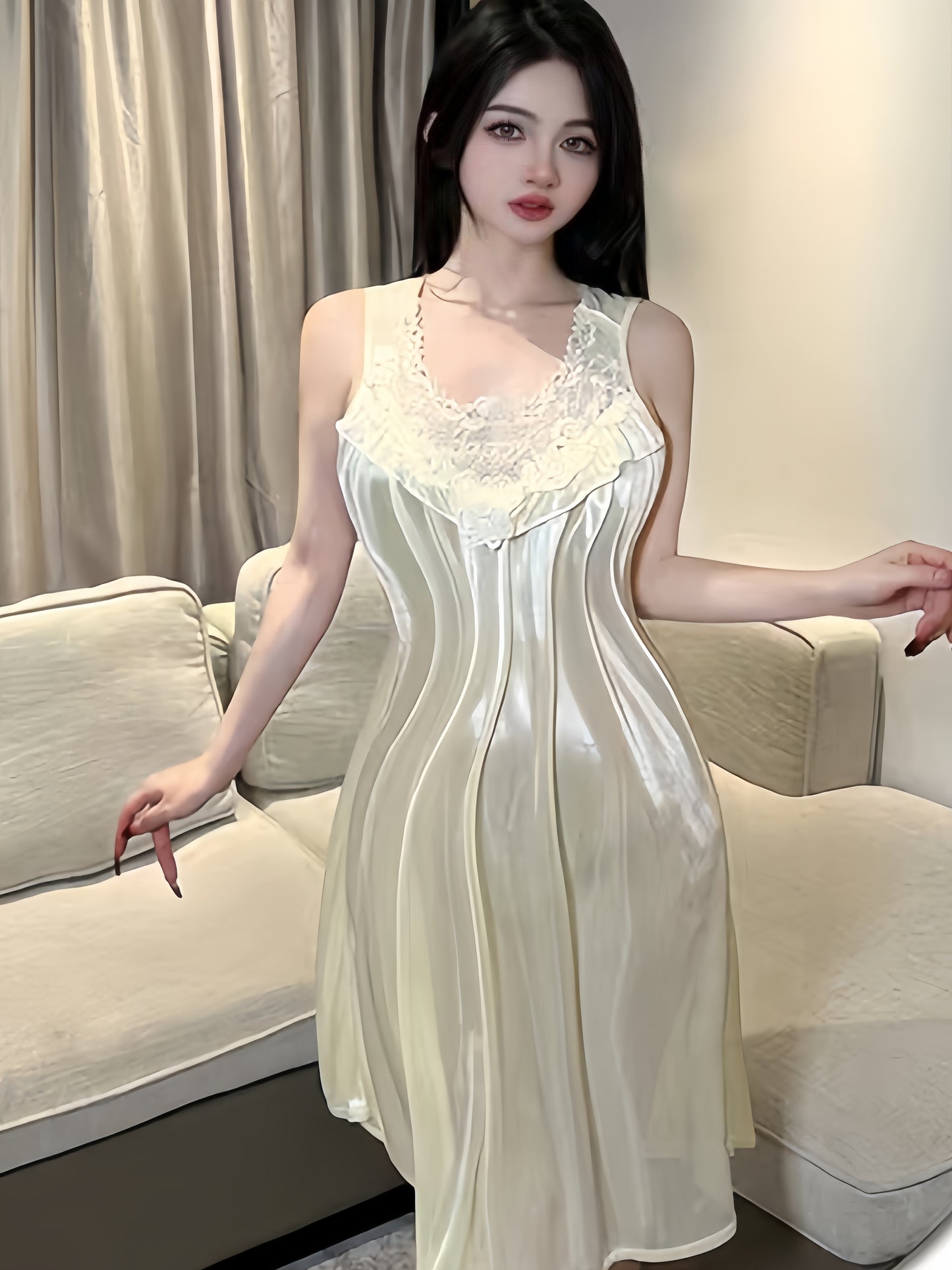 Lady Sexy Solid Color Satin Stitching Lace Pajamas Dress，round Neck Sleeveless Vest Dress，Comfortable Nightgown