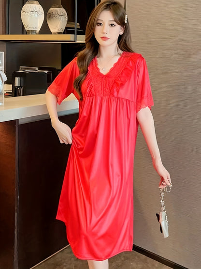 Elegant Ladies Lace V Collar Nightdress with Bowknot Details - Comfortable Short Sleeve Pajamas，Solid Color