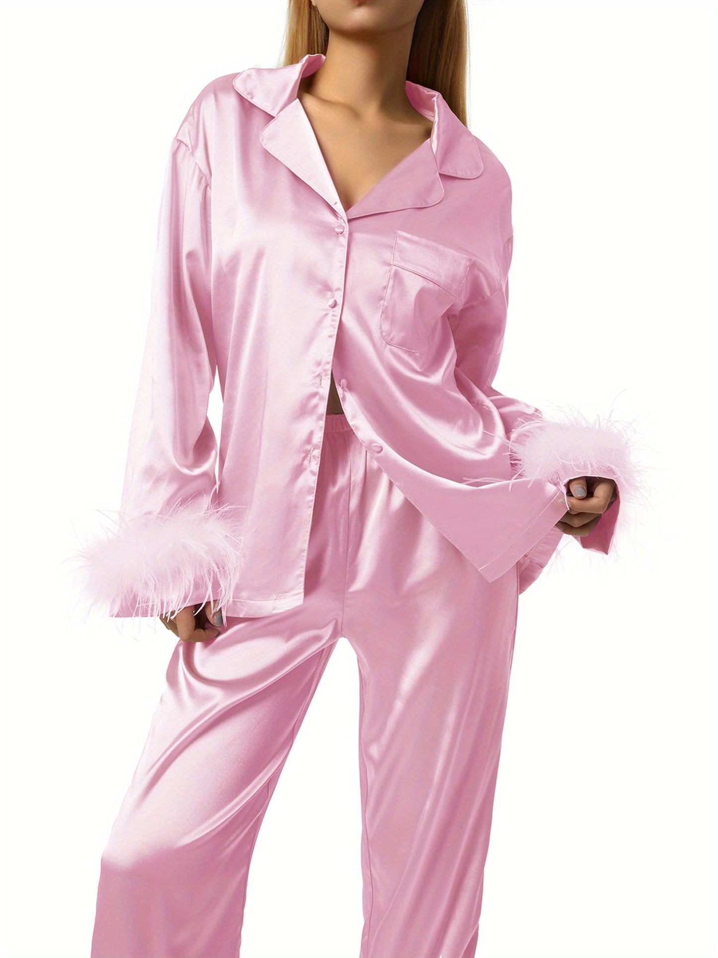 Women's Luxury Satin Pajamas Suit，with Feather Details - Long Sleeve Button Top and Elastic Belt Pants，Four Seasons Comfortable Pajamas