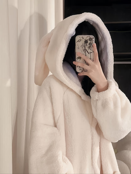 Women's Comfortable Fleece Rabbit Ear Hooded Robe - Cute Cartoon Rabbit Pattern，Long Sleeve，Button Casual Dress with Pockets，Machine Washable - Perfect Choice for Autumn and Winter