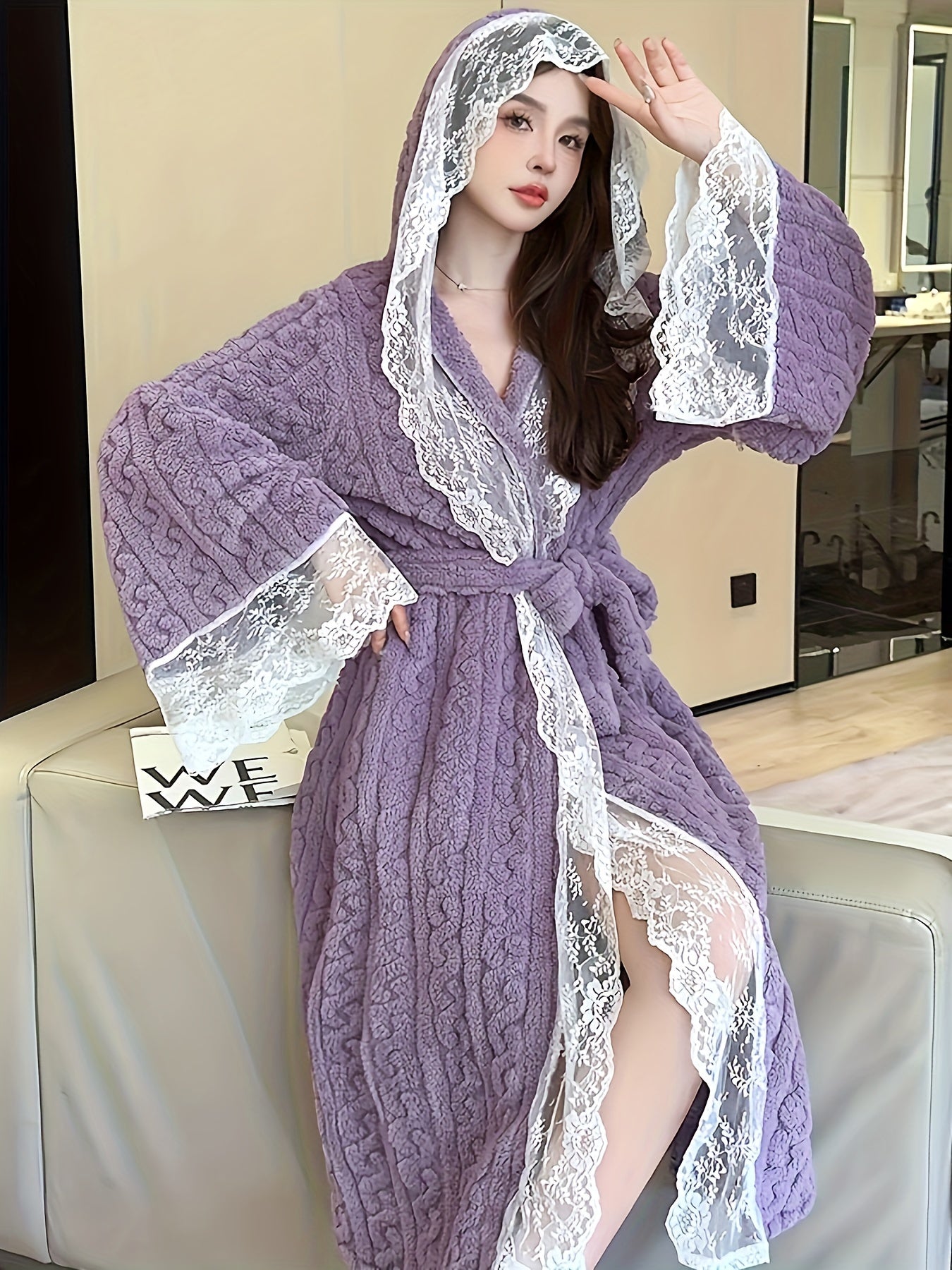 Winter Long Sleeve Lace Stitching Hooded Cardigan Mid-Length Jacquard Sweet Style Hooded Nightgown Fashion Casual Lace up Flannel Comfortable Warm Ladies Sleeping Dress Loungewear Gown