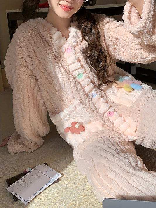 Autumn and Winter Coral Fleece Thickened Fleece-lined Warm Sweet Wind New Homewear Suit Winter Flannel Women's Pajama Suit Suit