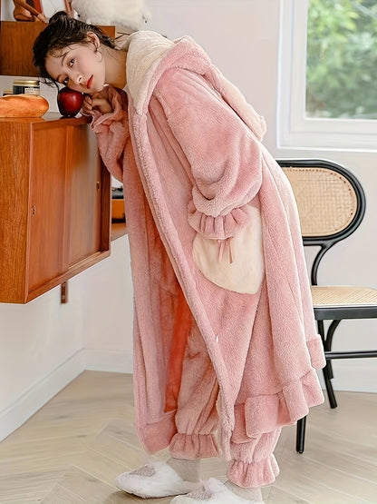 Women's Cute Coral Fleece Nightgown - Long Sleeve Soft Polyester Night Robe，with Pocket，V Collar Winter Thermal Bathrobe，Solid Bubble Skirt Home Wear，with Rabbit Ears and Heart-Shaped Details - Adult Knitted Cloth Autumn Winter Robe