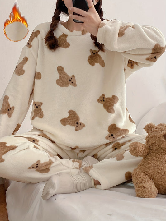 Cute Teddy Bear Printed Pajamas Suit，Comfortable Long Sleeve round Neck Flannel Top and Pants，Women's Pajamas