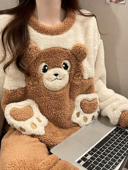 Warm Winter Cartoon Bear Velvet Pajamas Suit：Soft Suede Long Sleeve round Neck Top，Straight-Leg Pants No Belt，Comfortable and Warm Women's Pajamas and Casual Wear