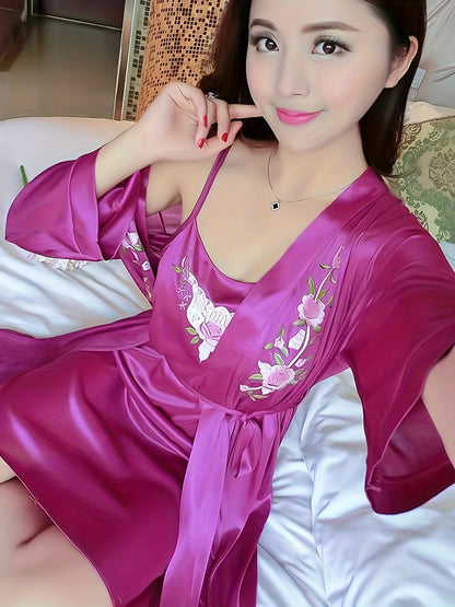 Elegant Women's Satin Pajamas Suit - Comfortable Sexy Sling Dress，With Belt Robe，Embroidery Details，Machine Washable - Spring/Summer/Autumn、Homewear、2 Set、Elegant Style、Spring/Summer/Autumn