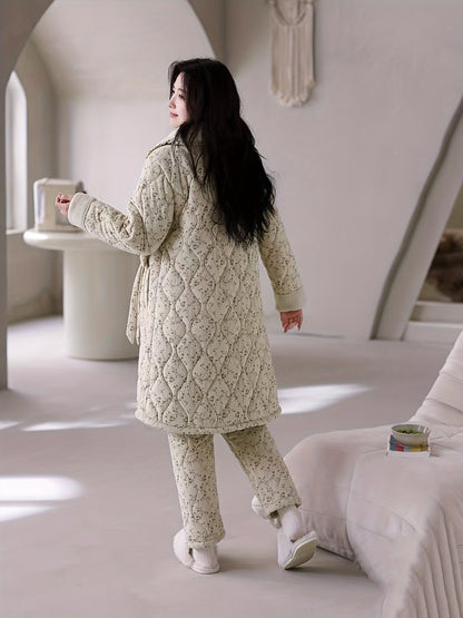 An Elegant Set of Women's Pajamas Suit - Polyester Knitted Fabric Suitable for All Seasons，Long Sleeve V Collar Top with Shorts，Solid Color Design Buckle Details，Comfortable Iceland Velvet Thick Warm Home Wear